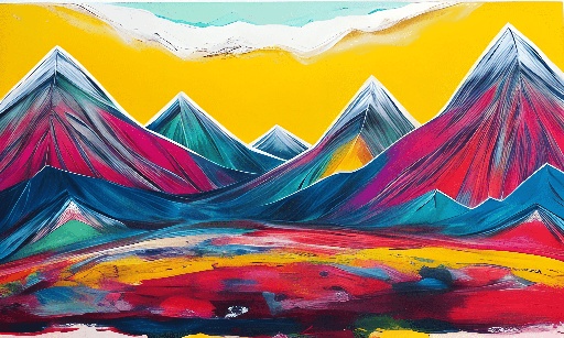 painting of a mountain range with a yellow sky and a person in a red and yellow field
