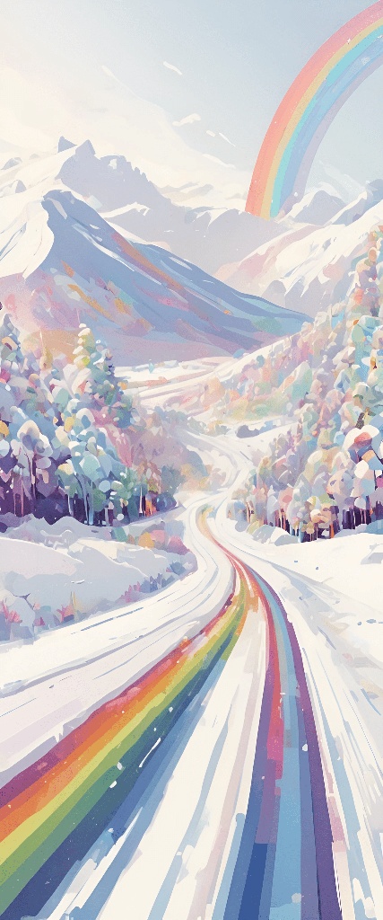 a painting of a rainbow over a snowy road
