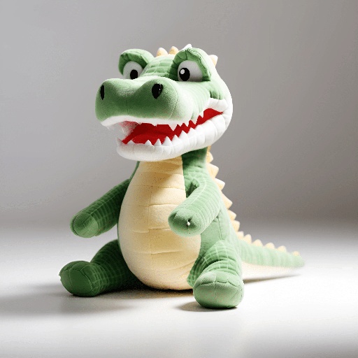 a green stuffed alligator with a white mouth and teeth