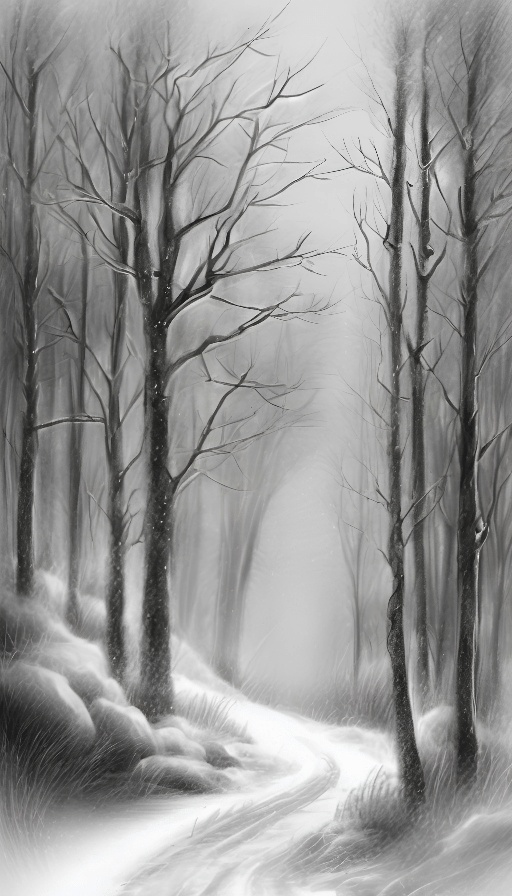 a drawing of a snowy path in a forest with trees