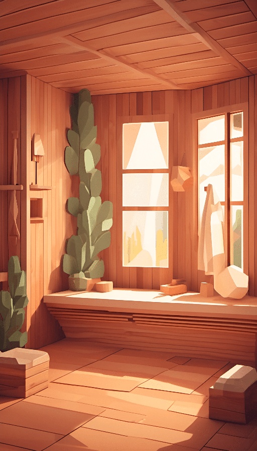 a room with a window, a bench, and a cactus plant
