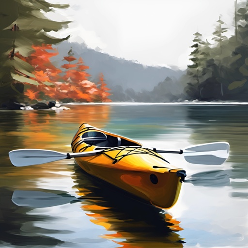 painting of a yellow kayak on a lake with trees in the background