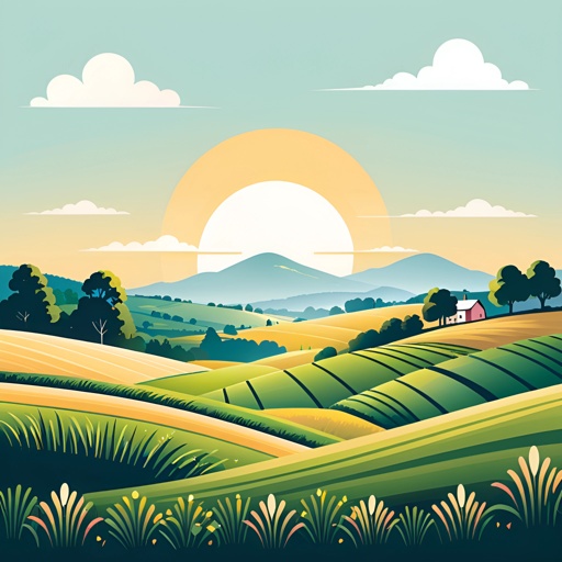 a cartoon of a farm scene with a sunset