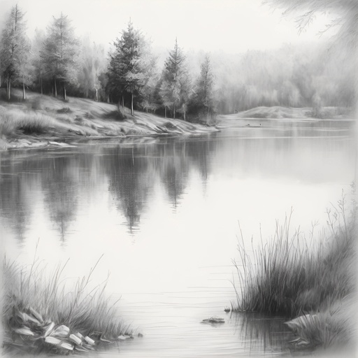 a black and white photo of a lake with trees