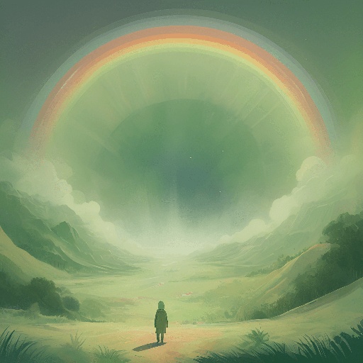 a man standing in the middle of a field with a rainbow in the sky