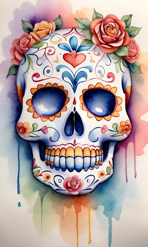 painting of a skull with flowers and a heart on it
