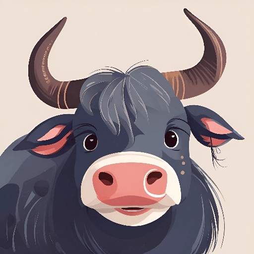 a black bull with horns and a pink nose