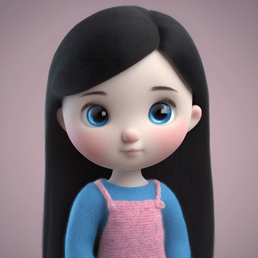 cartoon girl with long black hair and blue eyes wearing a pink dress
