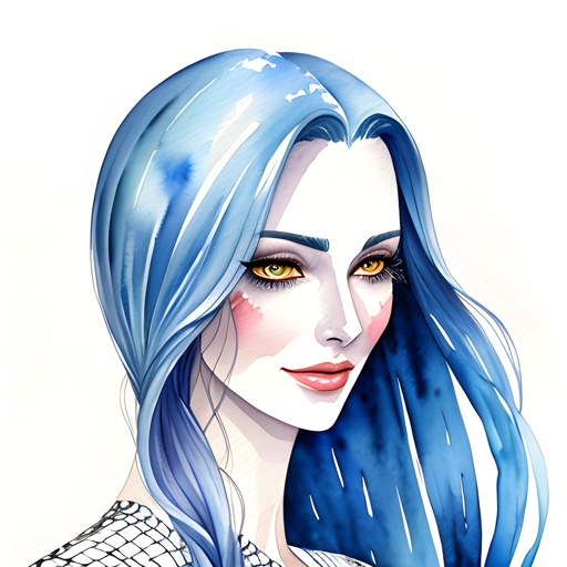 woman with blue hair and yellow eyes and a white shirt