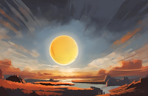 painting of a sunset with a sun setting over a body of water