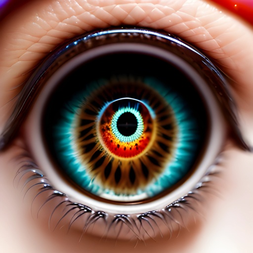 a close up of a person's eye with a colorful iris
