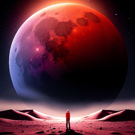 view of a man standing on a desert looking at a red planet