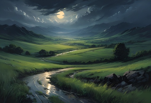 painting of a river running through a lush green valley under a cloudy sky