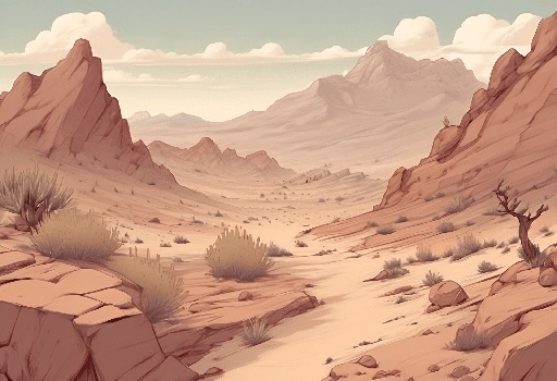 a desert scene with a dirt road and mountains