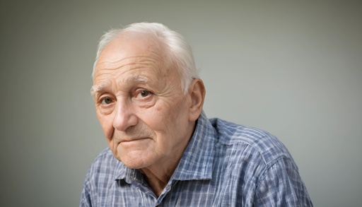 older man with white hair and blue shirt looking at camera