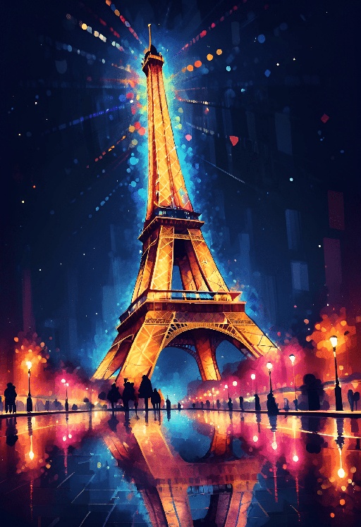 brightly lit eiffel tower in a city at night with people walking