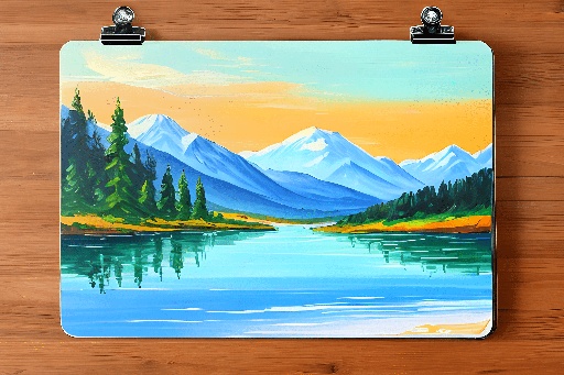 painting of a mountain lake with a forest and mountains in the background