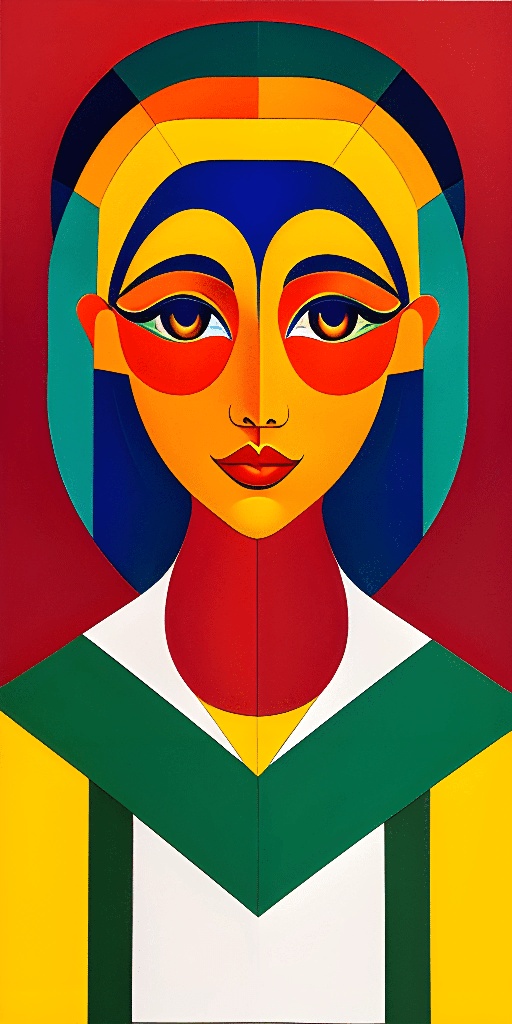 painting of a woman with a colorful face and a green collar