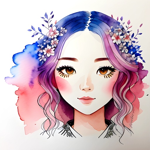painting of a woman with purple hair and flowers in her hair