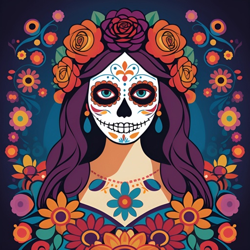woman with a sugar skull and flowers in her hair