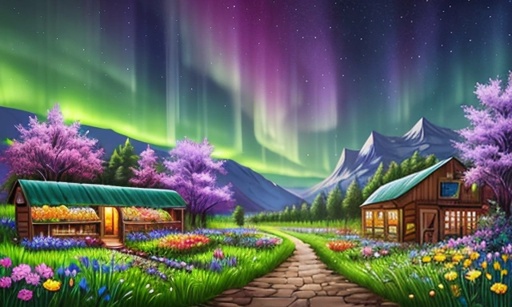 a painting of a cabin in the woods with aurora lights