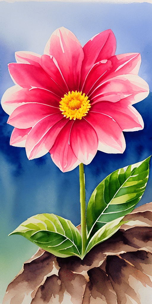 painting of a pink flower with green leaves on a blue background