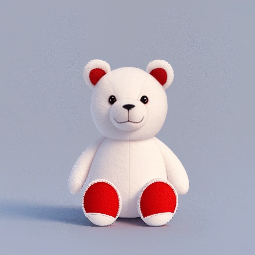 a white teddy bear with red feet sitting on a blue surface