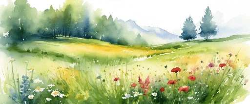 a painting of a field with flowers and trees