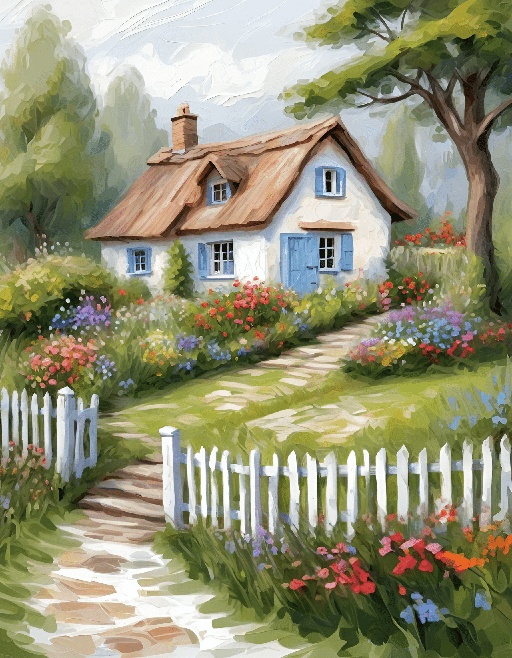 painting of a cottage with a pathway leading to a garden