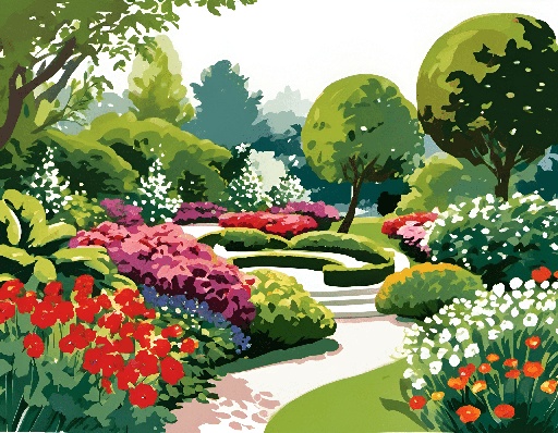 a painting of a garden with flowers and trees