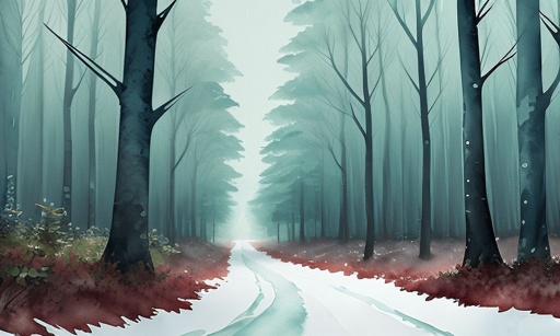 a painting of a road in the middle of a forest