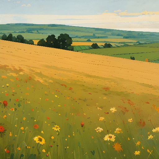 a painting of a field with flowers in it