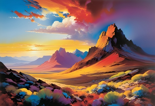 painting of a mountain with a valley and a sunset in the background