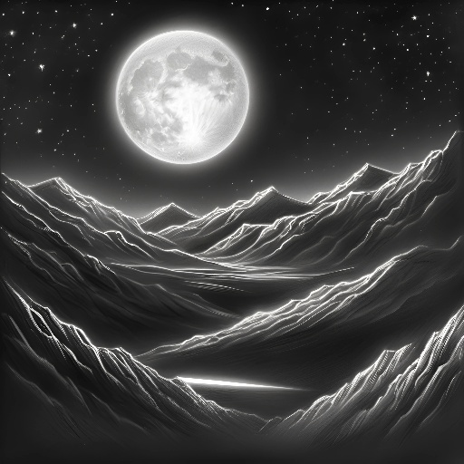 a black and white drawing of a full moon over a mountain range