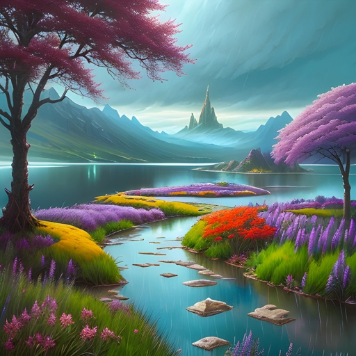 painting of a beautiful landscape with a river and a mountain