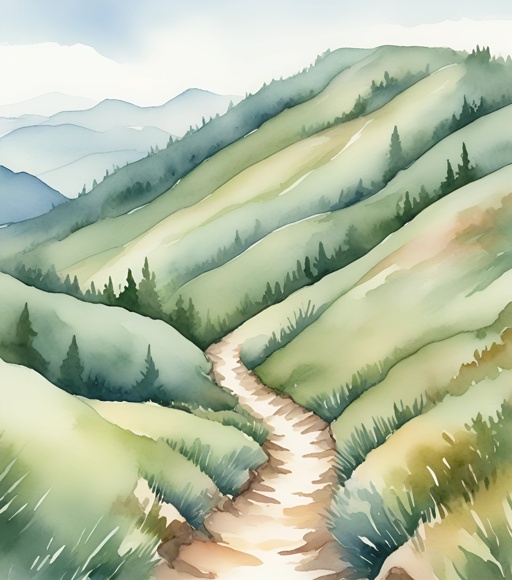 a painting of a dirt road going through a green valley