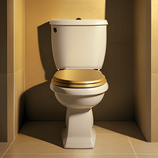 a toilet with a gold seat in a bathroom