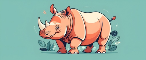 illustration of a rhino standing in the grass with leaves