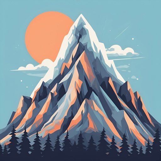 a mountain with a snow capped peak and a sun in the sky