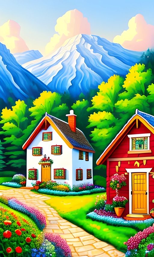 painting of a country house and a farm with a mountain in the background