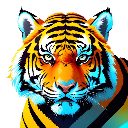 brightly colored tiger with a striped collar and blue eyes