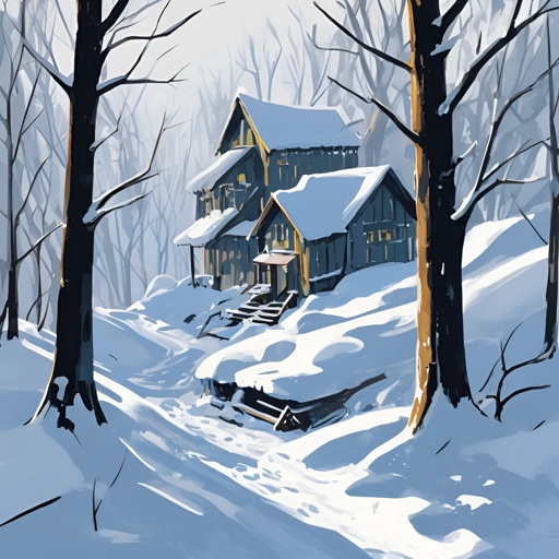 snowy scene of a house in the woods with a snow covered path