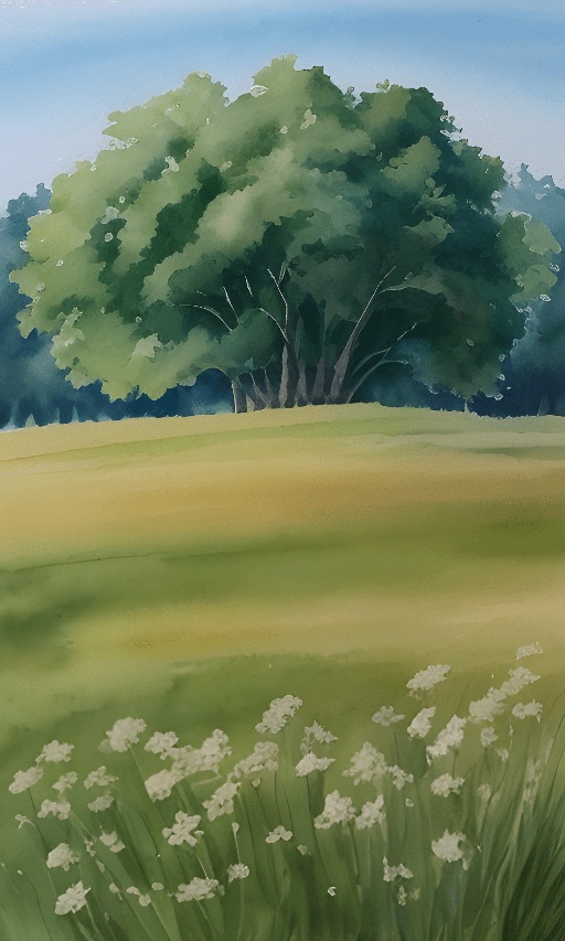 painting of a field with a tree and a field of grass