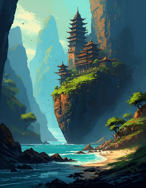 painting of a cliff with a pagoda on top of it