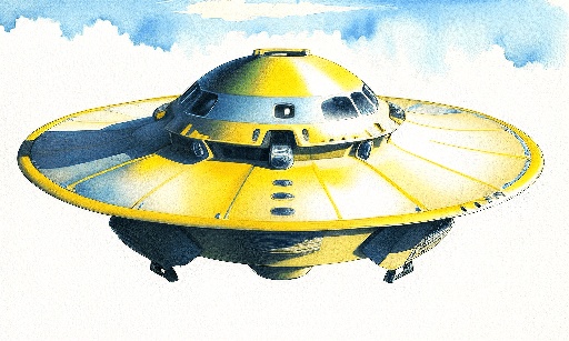 a yellow and silver spaceship flying in the sky