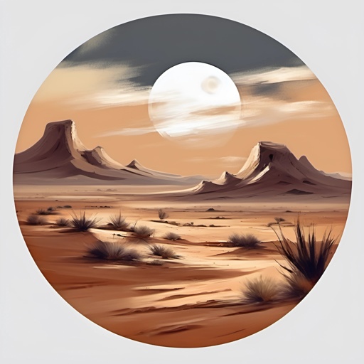 a picture of a desert scene with a full moon