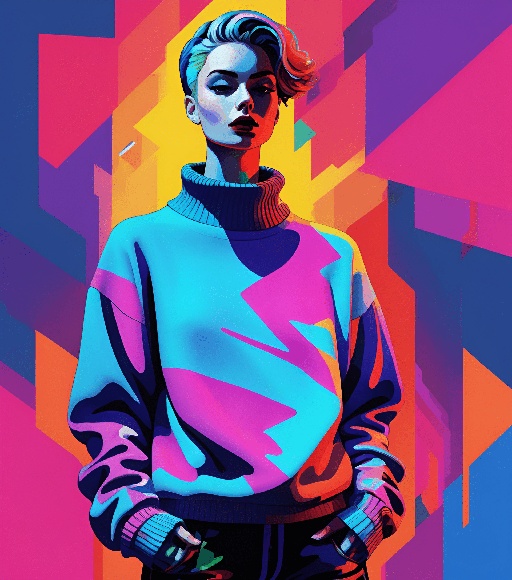 brightly colored portrait of a woman in a turtleneck sweater