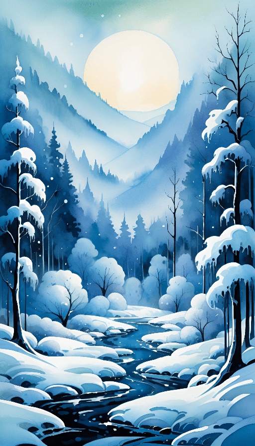 snowy landscape with a river and trees in the foreground