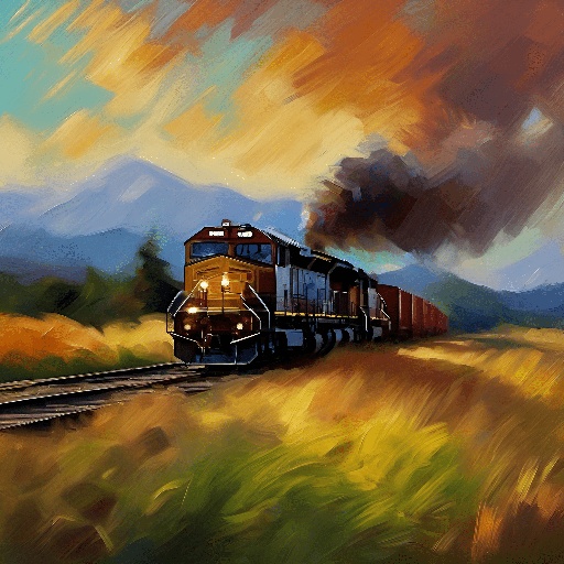 painting of a train traveling down the tracks in a rural area