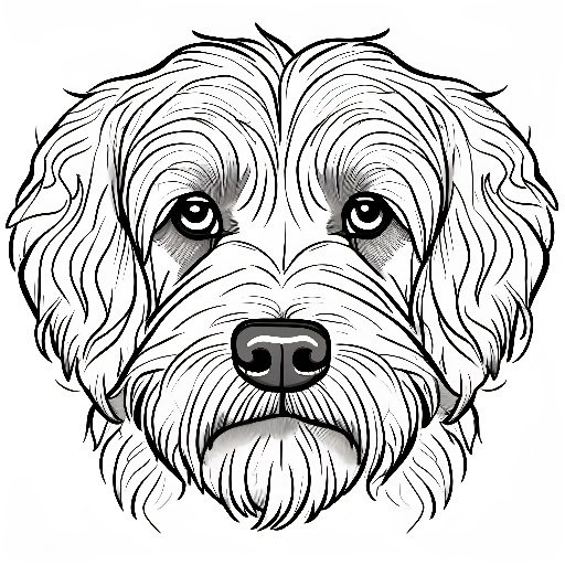a black and white drawing of a dog's face